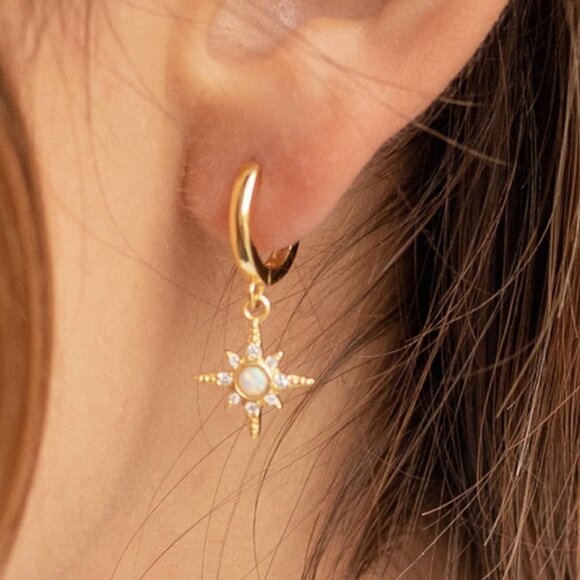 Caitlyn Minimalist Opal Diamond Starburst Huggies, 18K Gold, Sterling Silver - Picture 1 of 5
